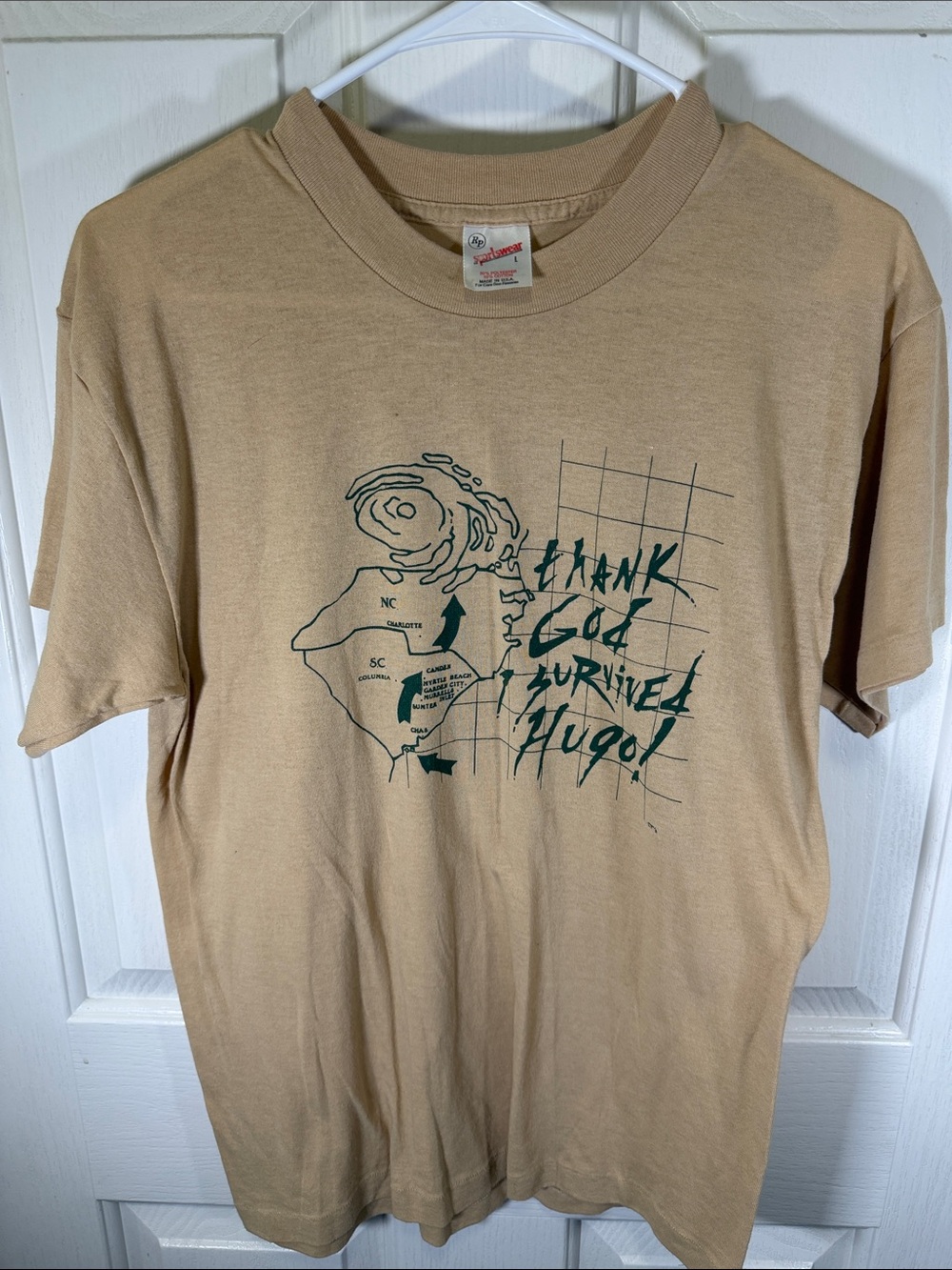 Tan Tee with Dark Green Hurricane Hugo Graphic